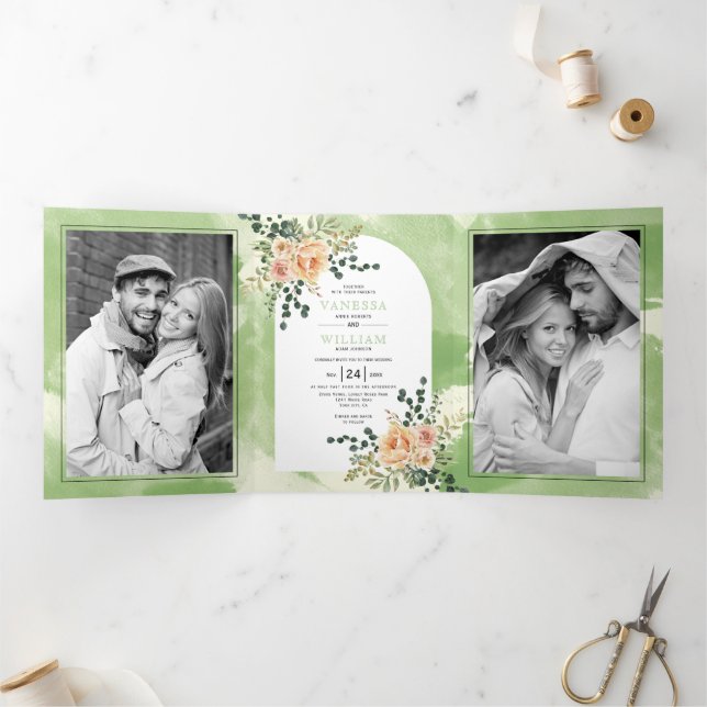Peach cactus flowers, leaves green floral wedding  Tri-Fold invitation (Inside)