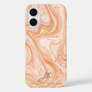 Peach Cake Marble Gold Glitter Customisable iPhone 16 Case