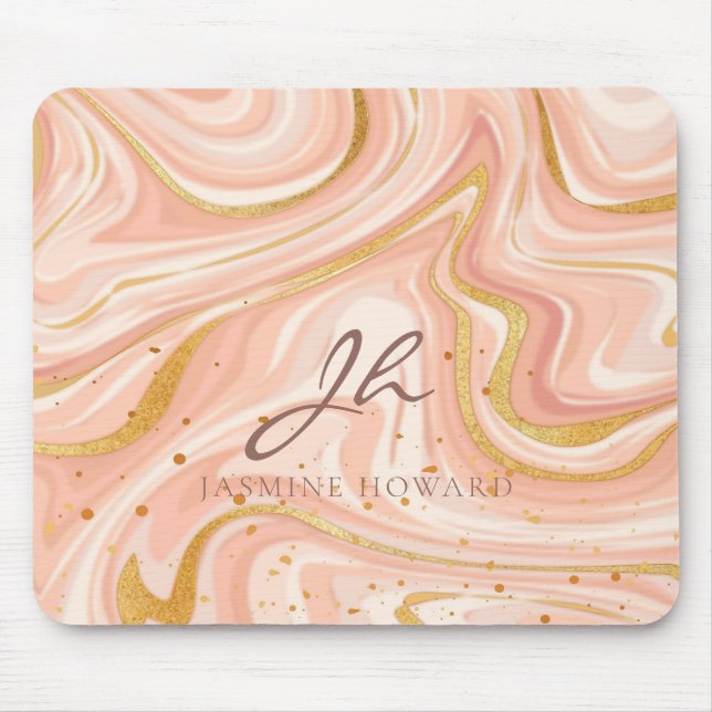Peach Cake Marble Gold Glitter Customisable Mouse Pad (Front)