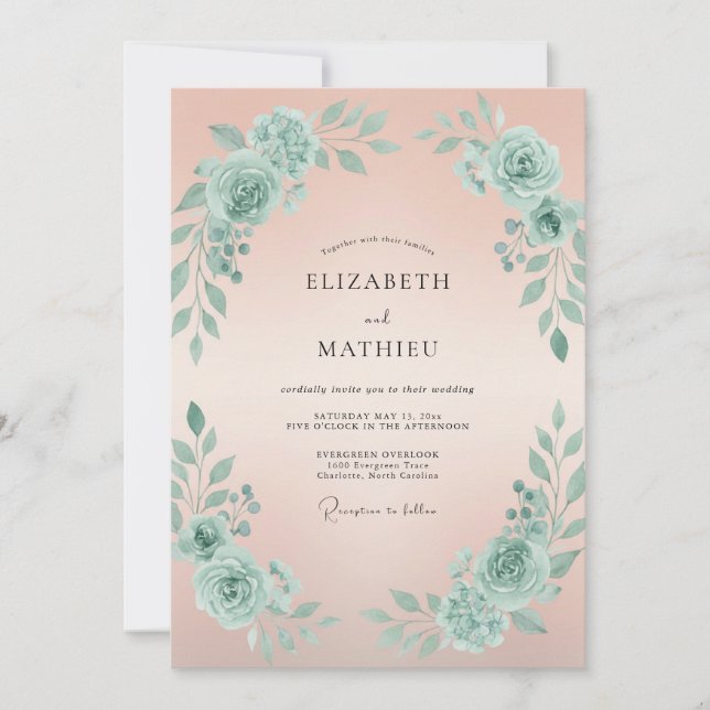 Peach Celadon Peony Wedding Invitation (Front)