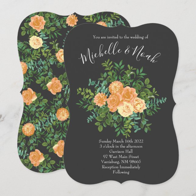 Peach & Charcoal Grey Peony & Rose Floral Wedding Invitation (Front/Back)