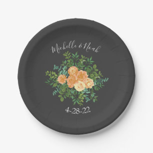 Peach & Charcoal Grey Peony & Rose Floral Wedding Paper Plate