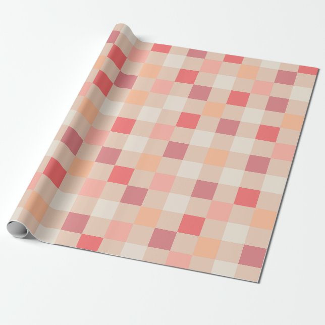 Peach Check Blush Pink Chequered Pastel Pattern Wrapping Paper (Unrolled)