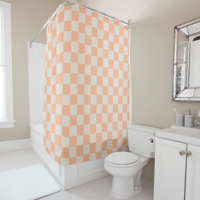 Peach Chequered Checked Check Chequerboard Pattern Shower Curtain (In Situ)