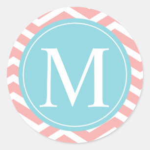 Peach Chevron Blue Monogram Classic Round Sticker