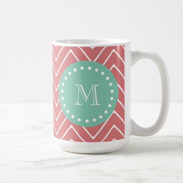 Peach Chevron Pattern | Mint Green Monogram Coffee Mug (Right)
