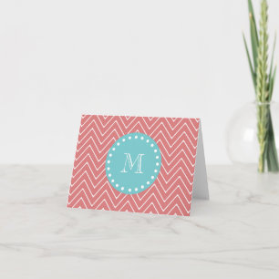 Peach Chevron Pattern Teal Monogram Note Card