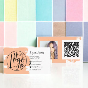 Peach chic brush hair makeup photo logo qr code business card
