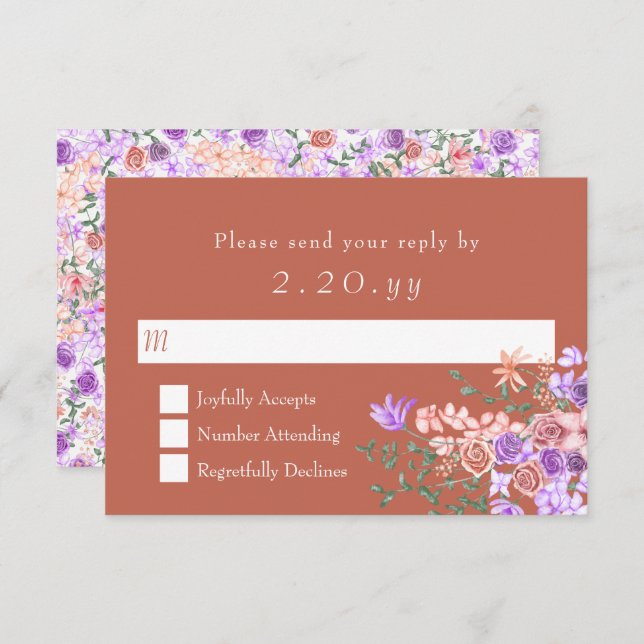 Peach, Clay, Lilac Rose Bouquet Wedding RSVP Card (Front/Back)