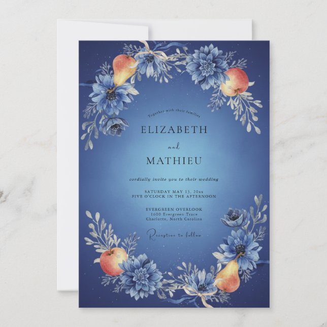 Peach Cobalt Fruit Eucalyptus Wedding Invitation (Front)