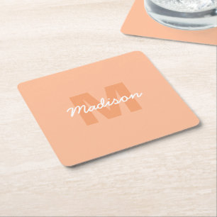 Peach colour of 2024 with custom Monogram name Square Paper Coaster