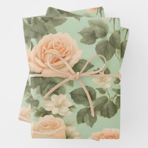 Peach Colour Roses on Light Green Background  Wrapping Paper Sheet