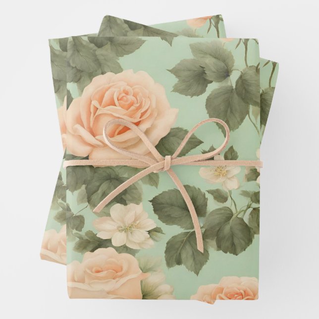 Peach Colour Roses on Light Green Background  Wrapping Paper Sheet (In situ)