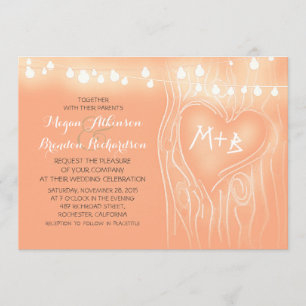 Peach colour string lights tree romantic wedding invitation