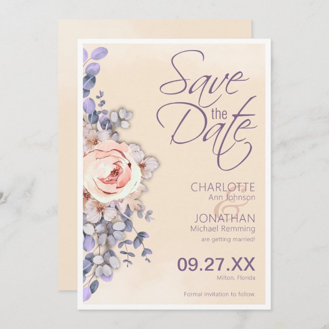 Peach Coloured Floral Wedding Save the Date Card (Front/Back)