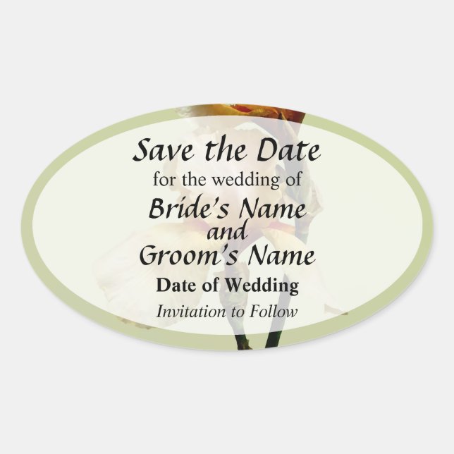 Peach Coloured Irises Save the Date Oval Sticker (Front)