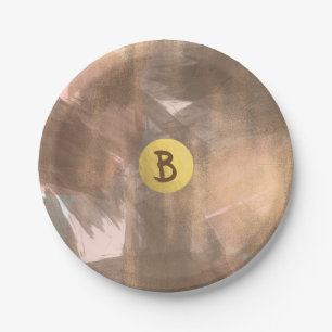 Peach & Copper Bronze Chic Modern Monogram Gold Paper Plate