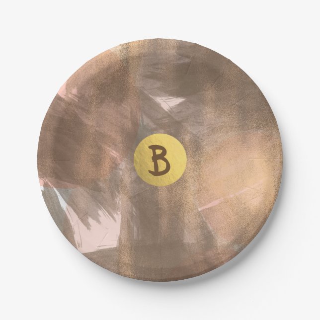Peach & Copper Bronze Chic Modern Monogram Gold Paper Plate (Front)