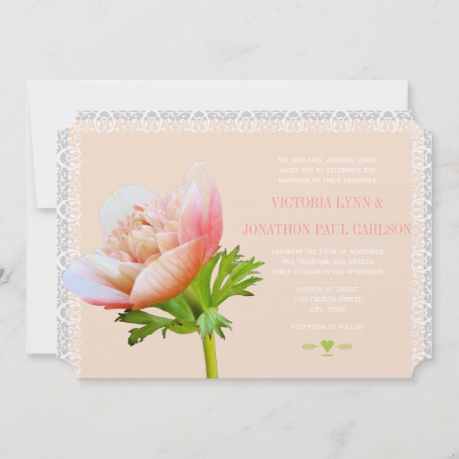 Peach Coral and Lace Peony Floral Wedding Invitation (Front)