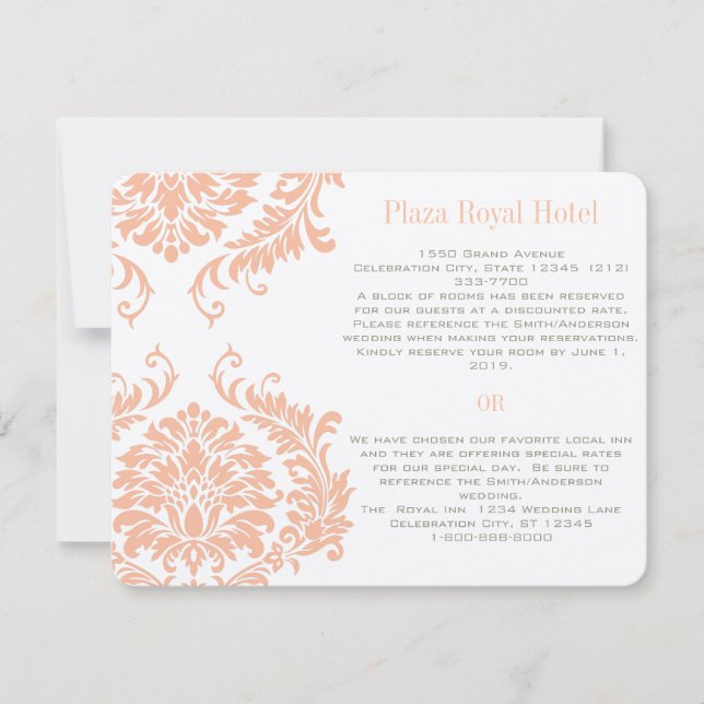 Peach Coral and Mushroom Damask Wedding Invitation (Front)
