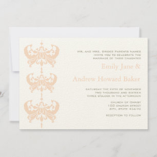 Peach Coral and Mushroom Damask Wedding Invitation