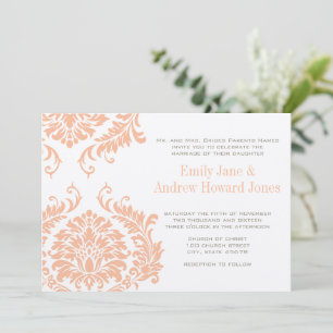 Peach Coral and Mushroom Damask Wedding Invitation