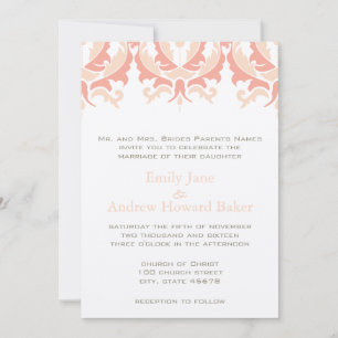 Peach Coral and Mushroom Damask Wedding Invitation
