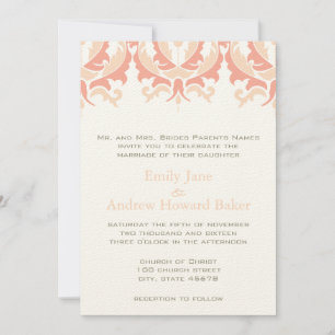 Peach Coral and Mushroom Damask Wedding Invitation