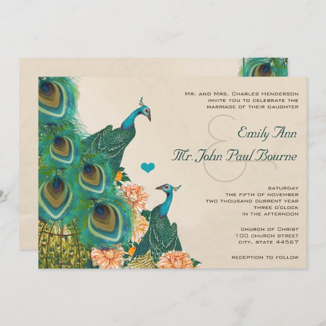 Peach Coral Apricot Peony Birdcage Peacock Wedding Invitation (Front/Back)