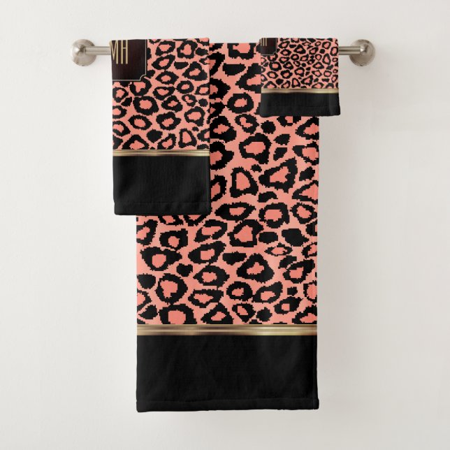Peach Coral & Black Leopard Pattern with Monogram Bath Towel Set (Insitu)