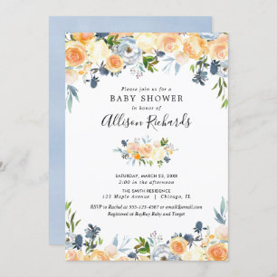 Peach coral blue floral girl baby shower invitation