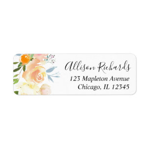 Peach coral blue floral watercolor return address label