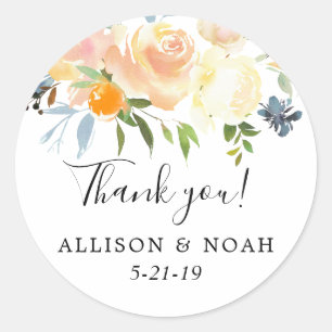 Peach coral blue floral watercolor wedding favour classic round sticker