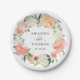 Peach Coral Blush Floral Wreath Wedding Paper Plate