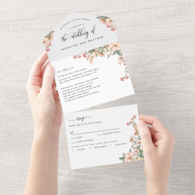  Peach Coral Botanical Wedding Tear Off RSVP All In One Invitation (Tearaway)
