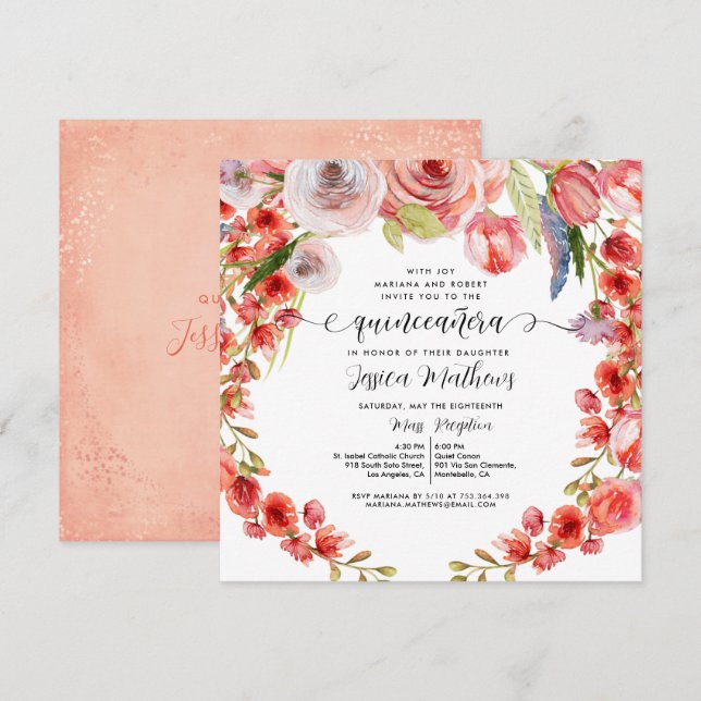 Peach Coral Floral and Glitter Quinceañera Invitation (Front/Back)