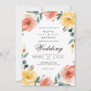 Peach Coral Floral Arch Wedding Invitation
