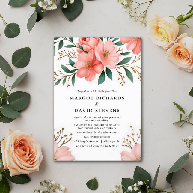 Peach Coral Floral Spring Botanical Wedding Invitation (Creator Uploaded)