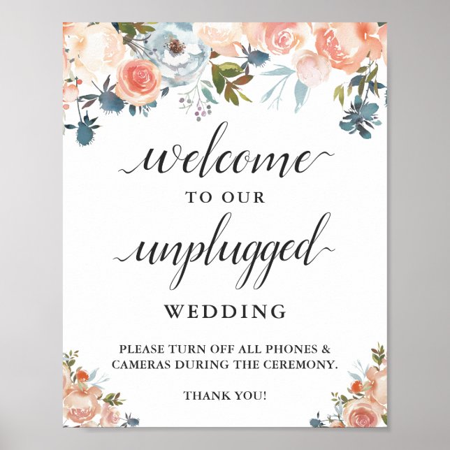 Peach Coral Floral Unplugged Wedding Ceremony Sign (Front)