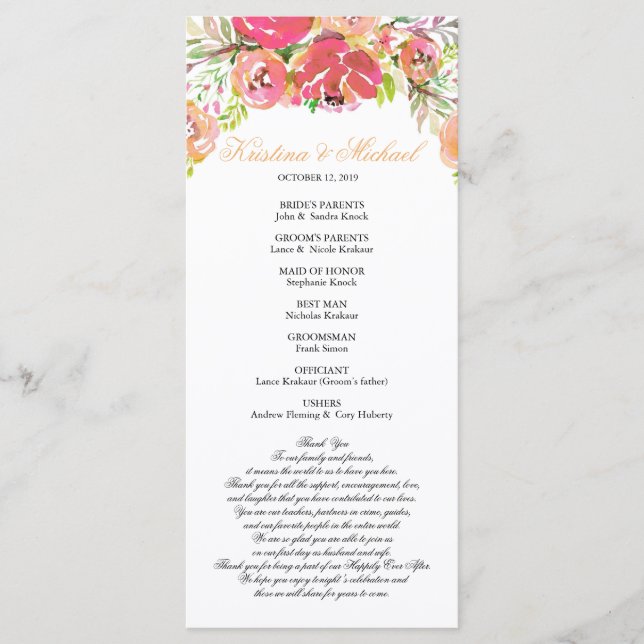 Peach & Coral Floral Wedding Program (Front)