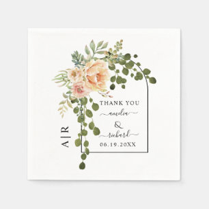 Peach coral flowers, arch and monogram wedding napkin
