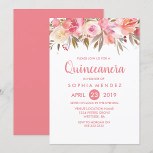 Peach Coral Flowers Quinceanera Birthday Party Invitation