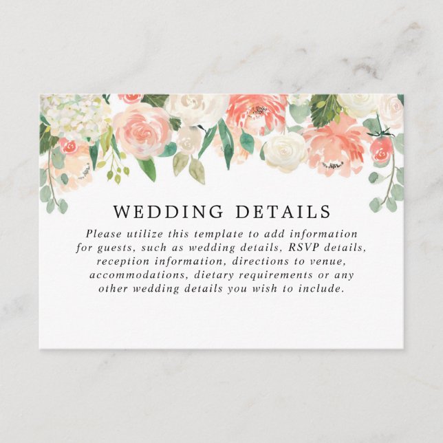 Peach coral greenery summer spring wedding details enclosure card (Front)
