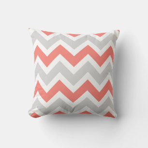 Peach Coral Grey White Chevron Zigzag Pattern Cushion