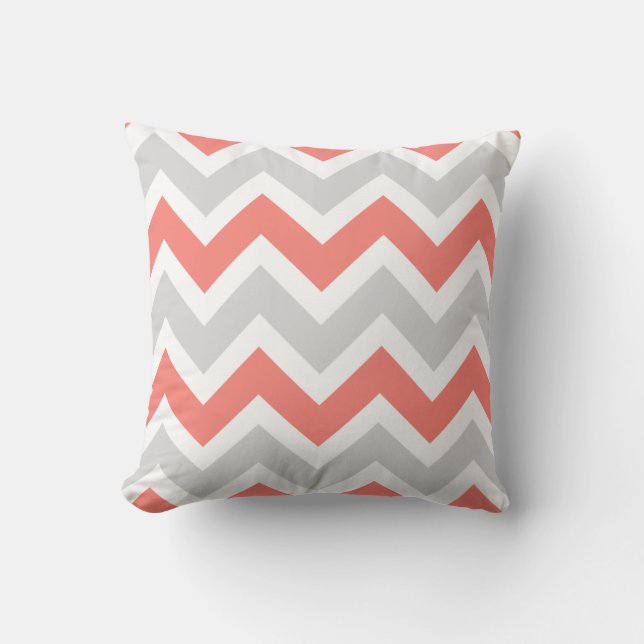 Peach Coral Grey White Chevron Zigzag Pattern Cushion (Front)