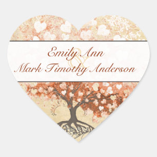 Peach Coral Heart Leaf Wedding Sticker