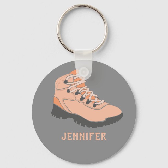 Peach Coral Hiking Boot Personalised Grey Key Ring (Front)
