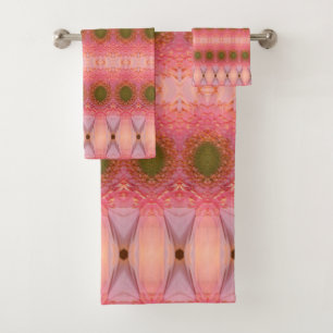 Peach Coral Pink Green Bath Towel Set