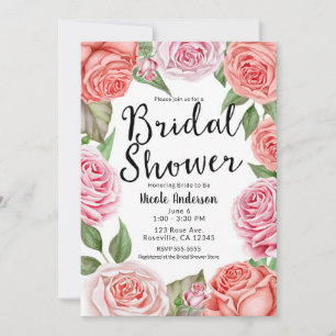 Peach Coral Pink Roses Greenery Bridal Shower Invitation