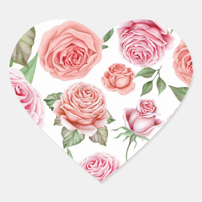 Peach Coral Pink Roses Greenery Leaves Party Favou Heart Sticker (Front)